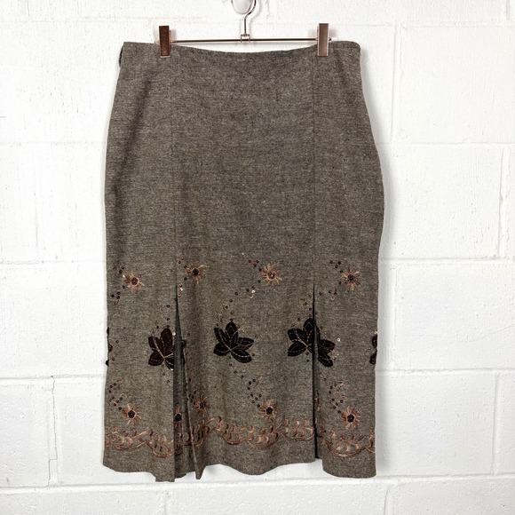 wozo Dresses & Skirts - Womens Pleated Midi Skirt SZ 12 Brown Embroidery Sequins Celestial Academia Twee